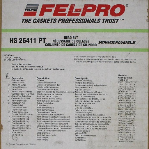 [HS26411PT] Engine Cylinder Head Gasket Compatible With : 1997-2001 Honda Prelude L4, 2.2L / 2156 CID DOHC 16 Valve, Engine Code : H22A1, H22A4