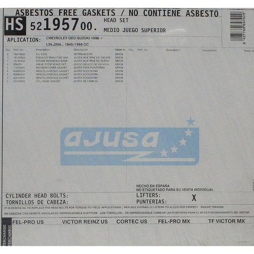 [AJUSA52195700HS] 1998-> Chevrolet - Geo - Suzuki L34, J20A... 1840/1995 CC Engine Cylinder Head Gasket Compartible With : 1996-1998 Suzuki Sidekick L4, 1.8L / 1840 DOHC 16 Valve, 2207-2009 SX4 L4, 2.0L / 1995 DOHC 16 Valve